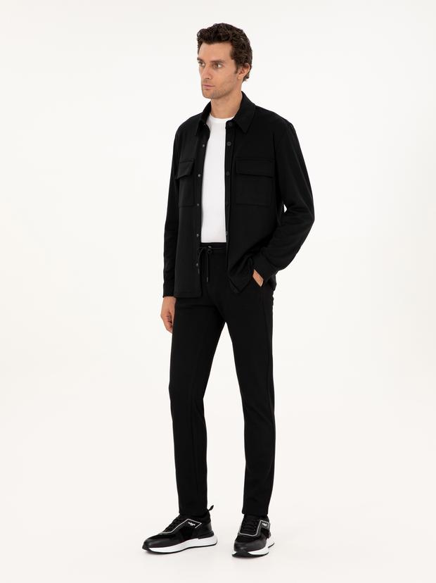 Siyah Slim Fit Beli Bağcıklı Kanvas Pantolon
