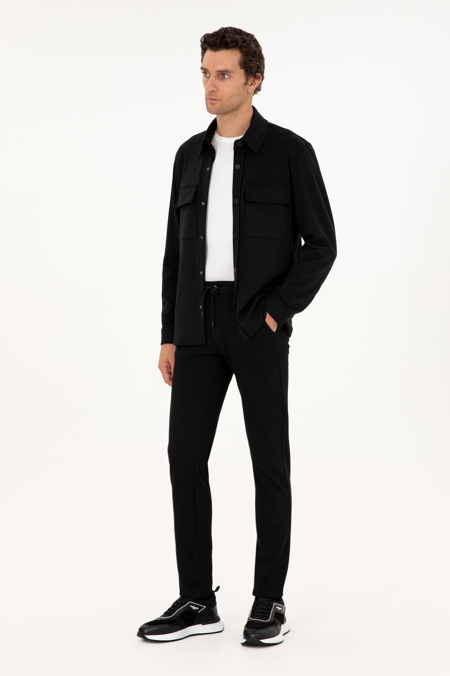Siyah Slim Fit Beli Bağcıklı Kanvas Pantolon - 50292330005