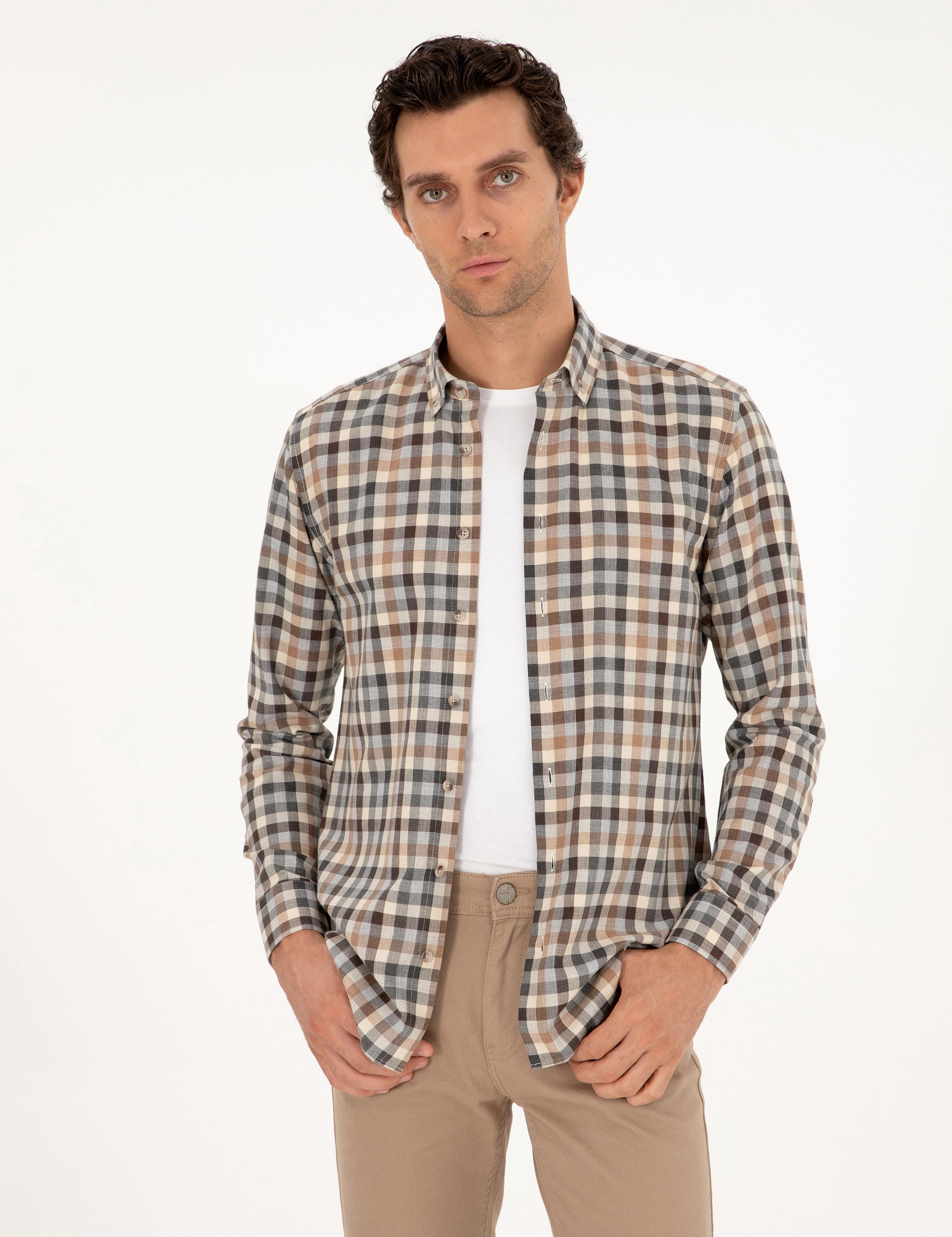 Kahverengi Slim Fit %100 Pamuk Kareli Gömlek - 50291313025