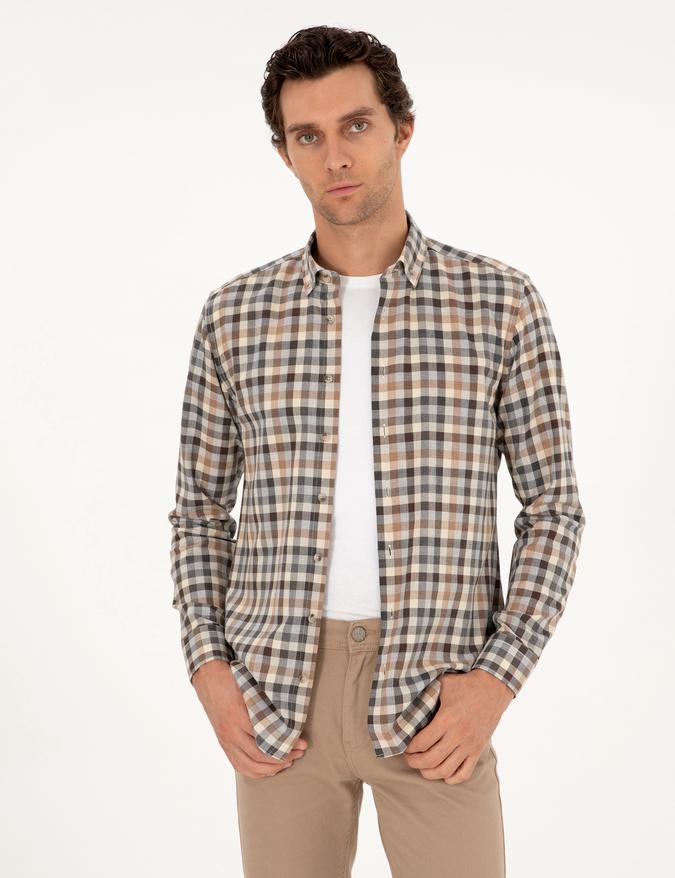 Kahverengi Slim Fit %100 Pamuk Kareli Gömlek