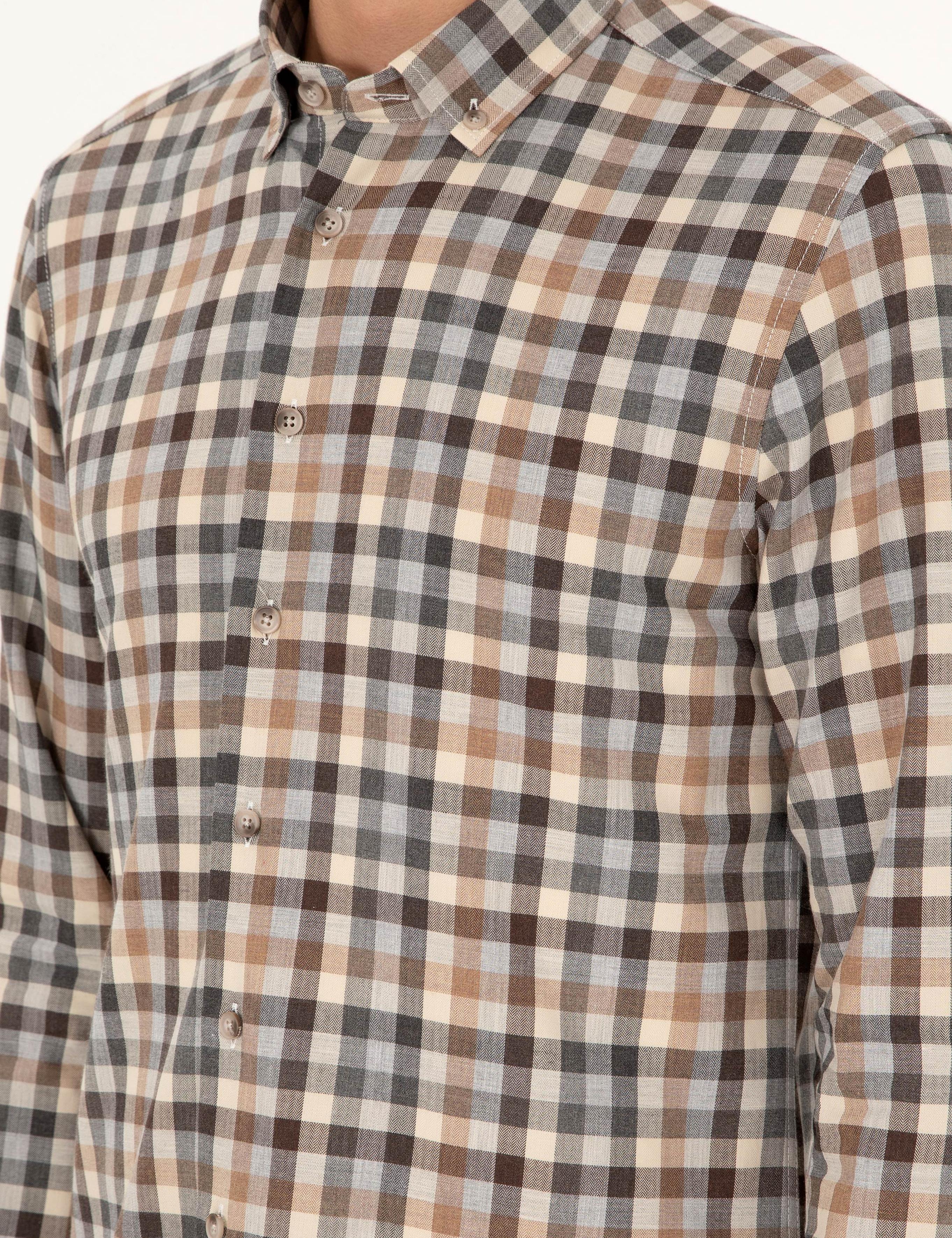 Kahverengi Slim Fit %100 Pamuk Kareli Gömlek - 50291313025