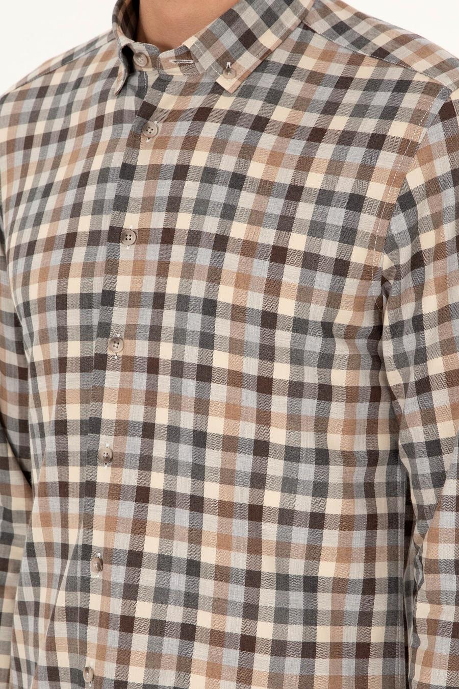 Kahverengi Slim Fit %100 Pamuk Kareli Gömlek - 50291313025