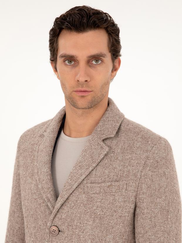 Açık Kahverengi Slim Fit Yün Karışımlı Palto