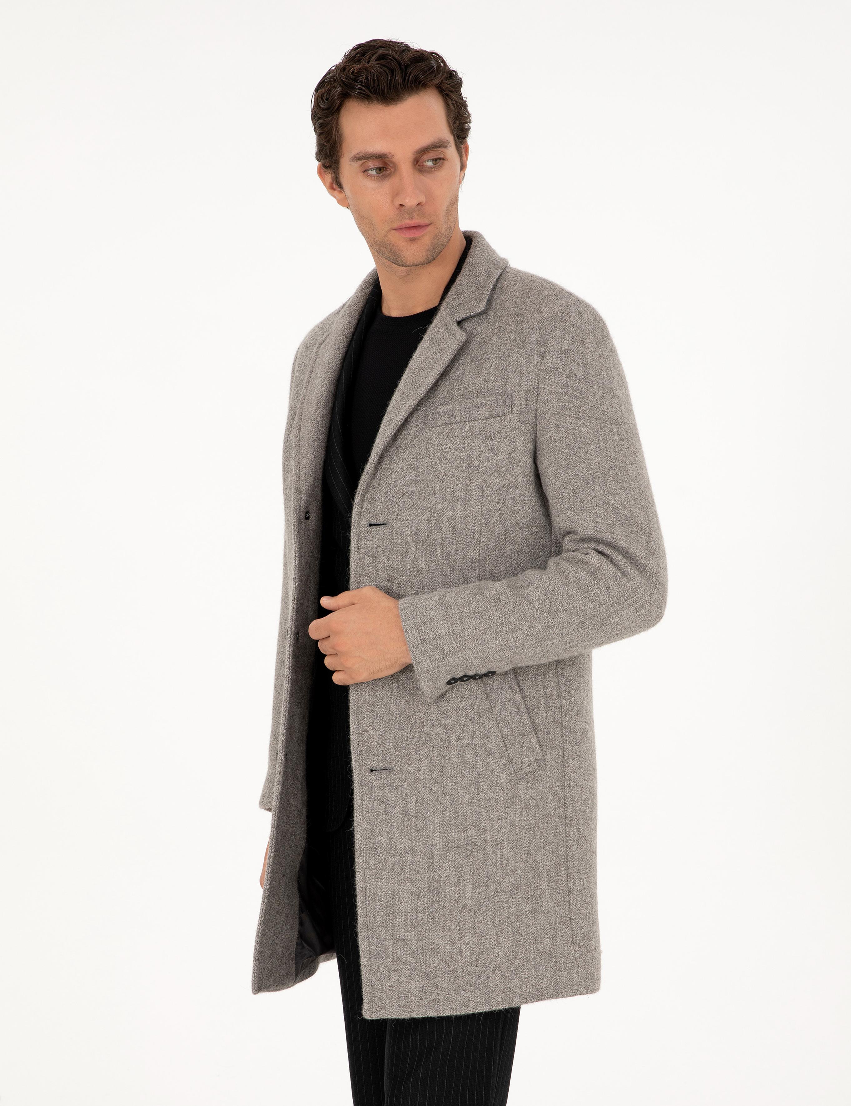Gri Slim Fit Yün Karışımlı Palto - 50293729008