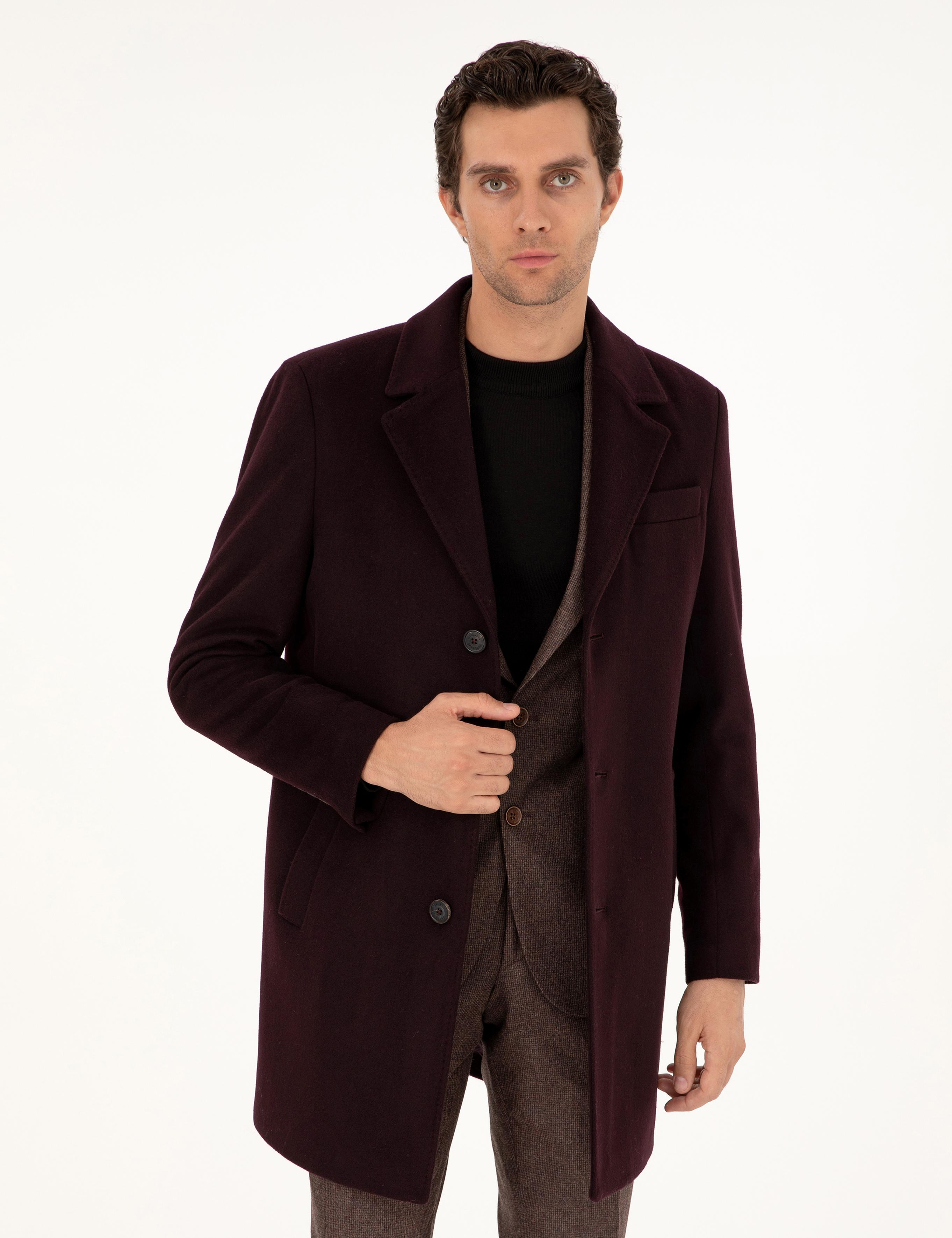 Bordo Slim Fit Yün Karışımlı Kaşe Kaban - 50292573022