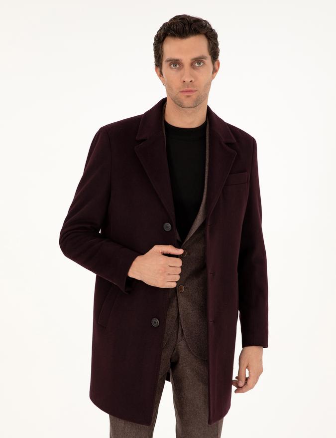 Bordo Slim Fit Yün Karışımlı Kaşe Kaban
