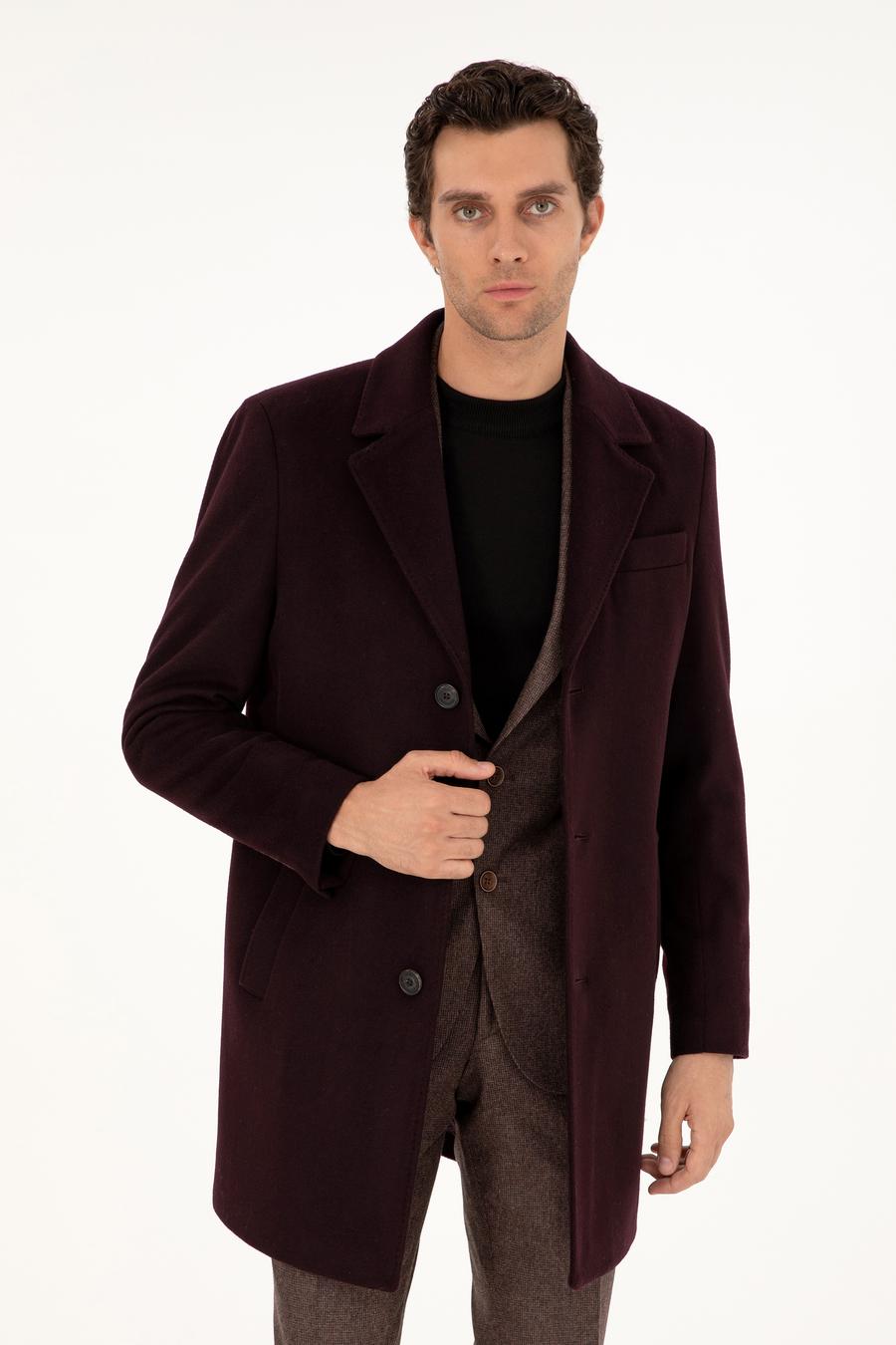 Bordo Slim Fit Yün Karışımlı Kaşe Kaban - 50292573022