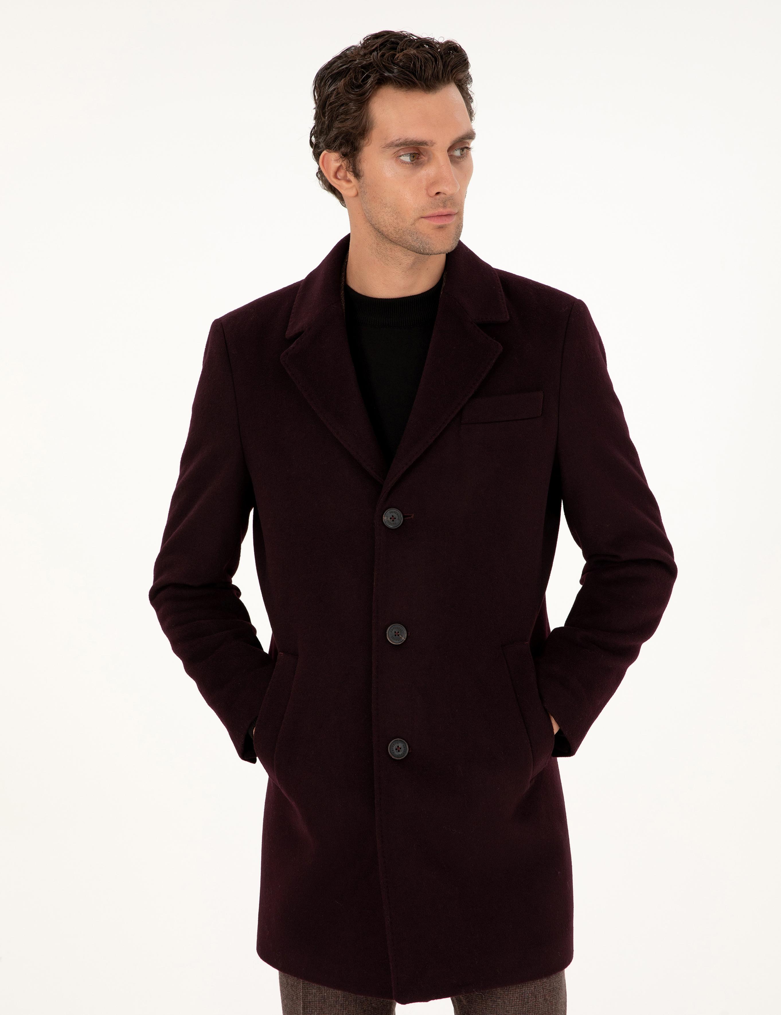 Bordo Slim Fit Yün Karışımlı Kaşe Kaban - 50292573022