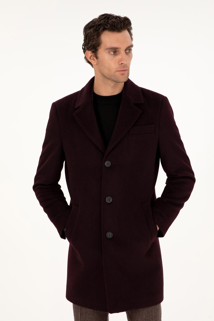 Bordo Slim Fit Yün Karışımlı Kaşe Kaban - 50292573022
