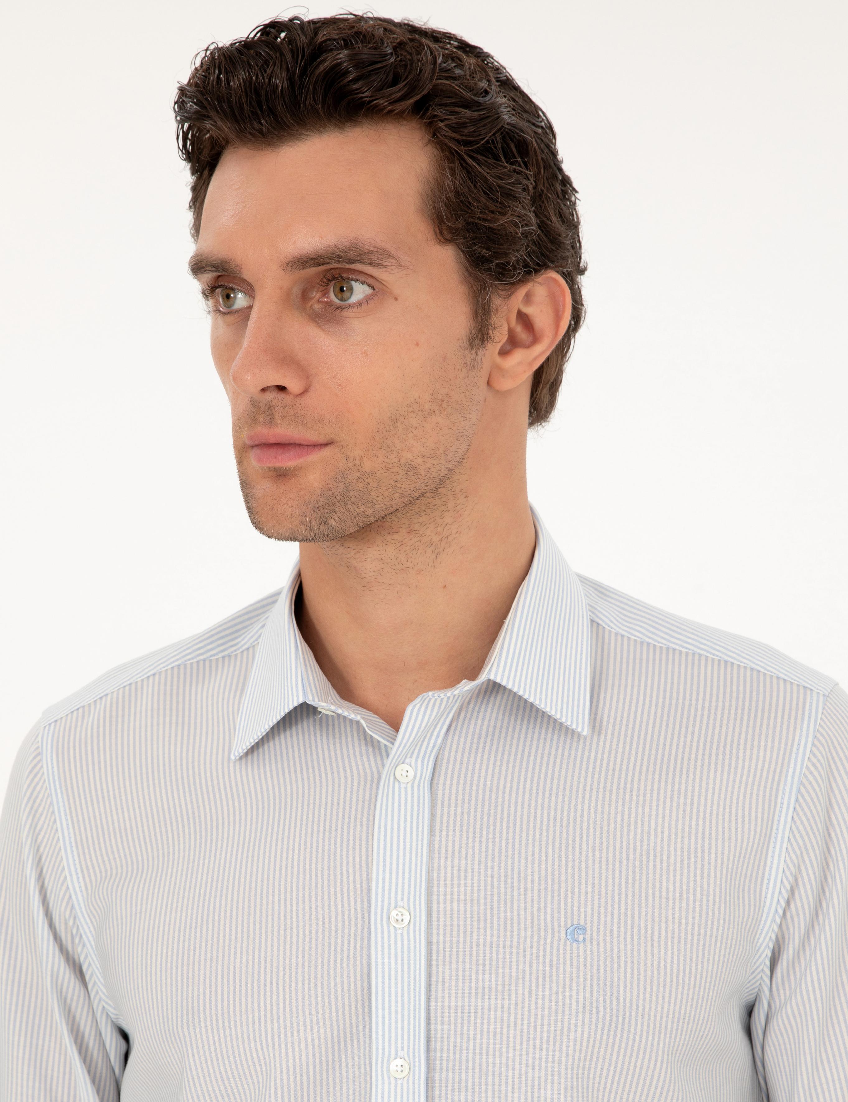 Mavi Slim Fit Çizgili Yün Gömlek - 50291363007