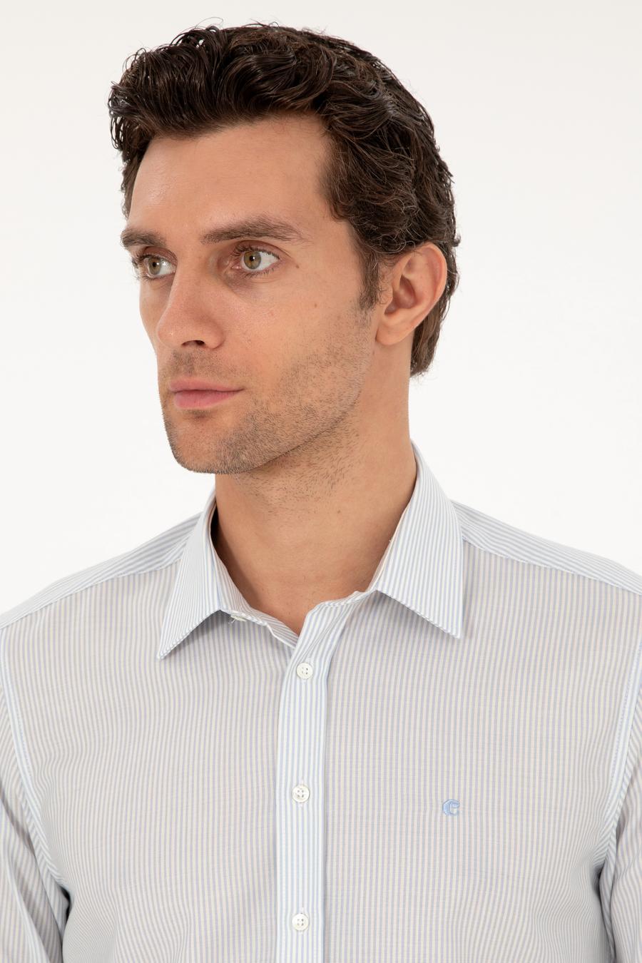 Mavi Slim Fit Çizgili Yün Gömlek - 50291363007