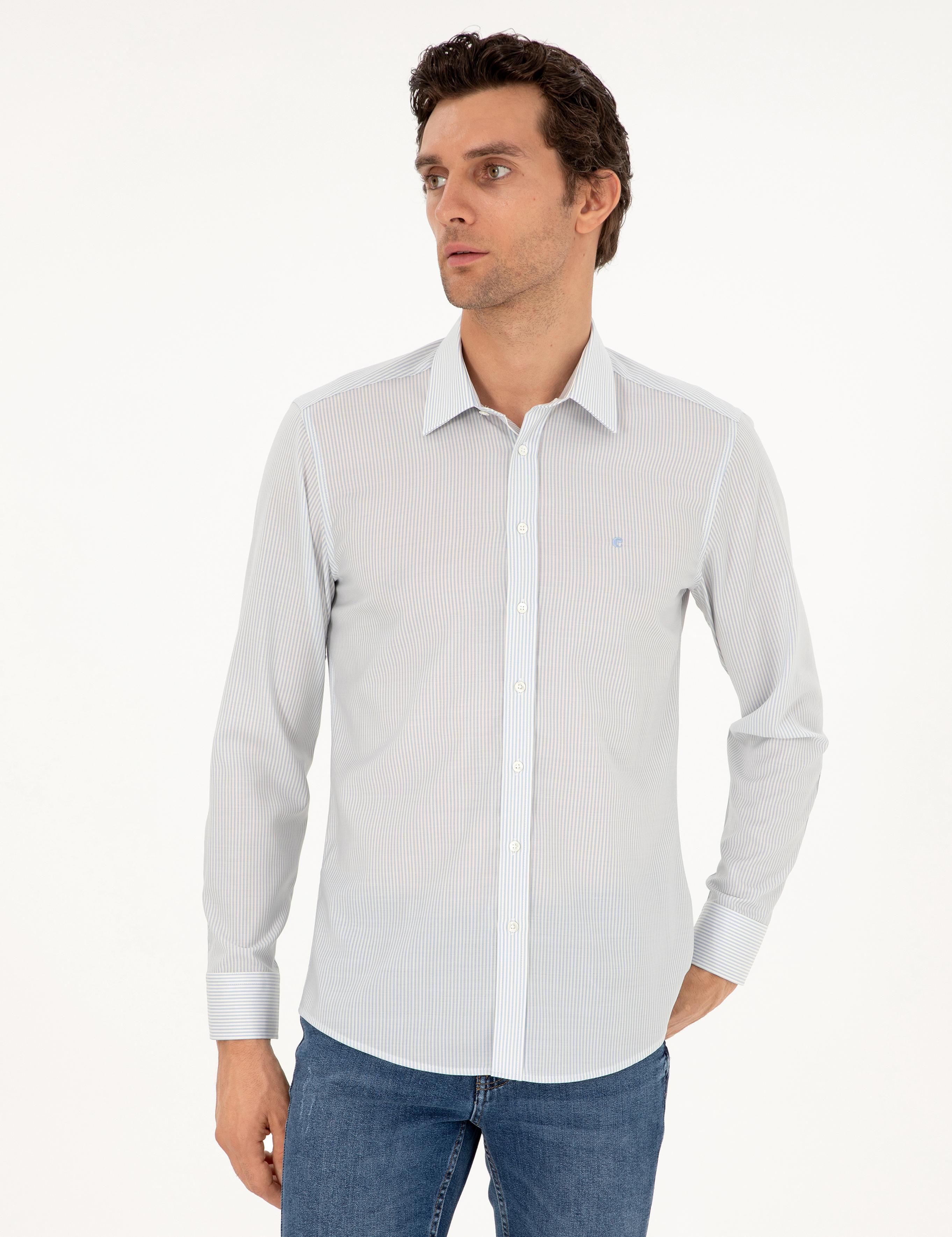 Mavi Slim Fit Çizgili Yün Gömlek - 50291363007