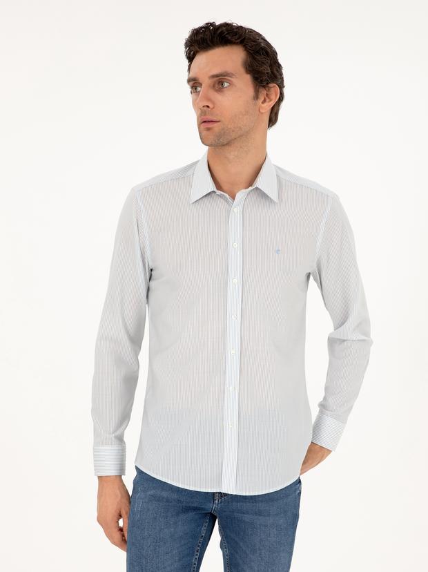 Mavi Slim Fit Çizgili Yün Gömlek