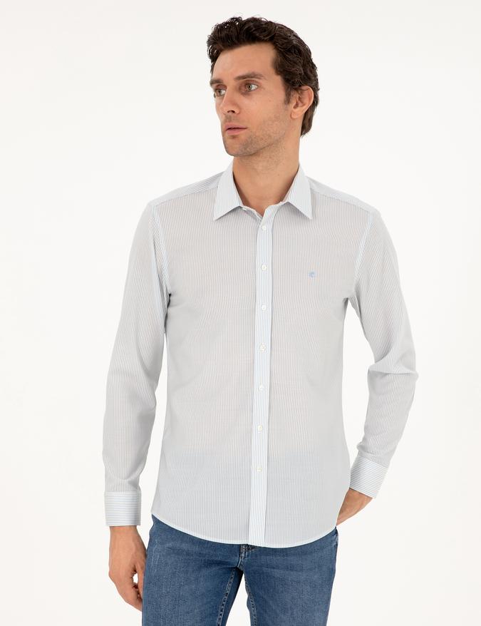 Mavi Slim Fit Çizgili Yün Gömlek