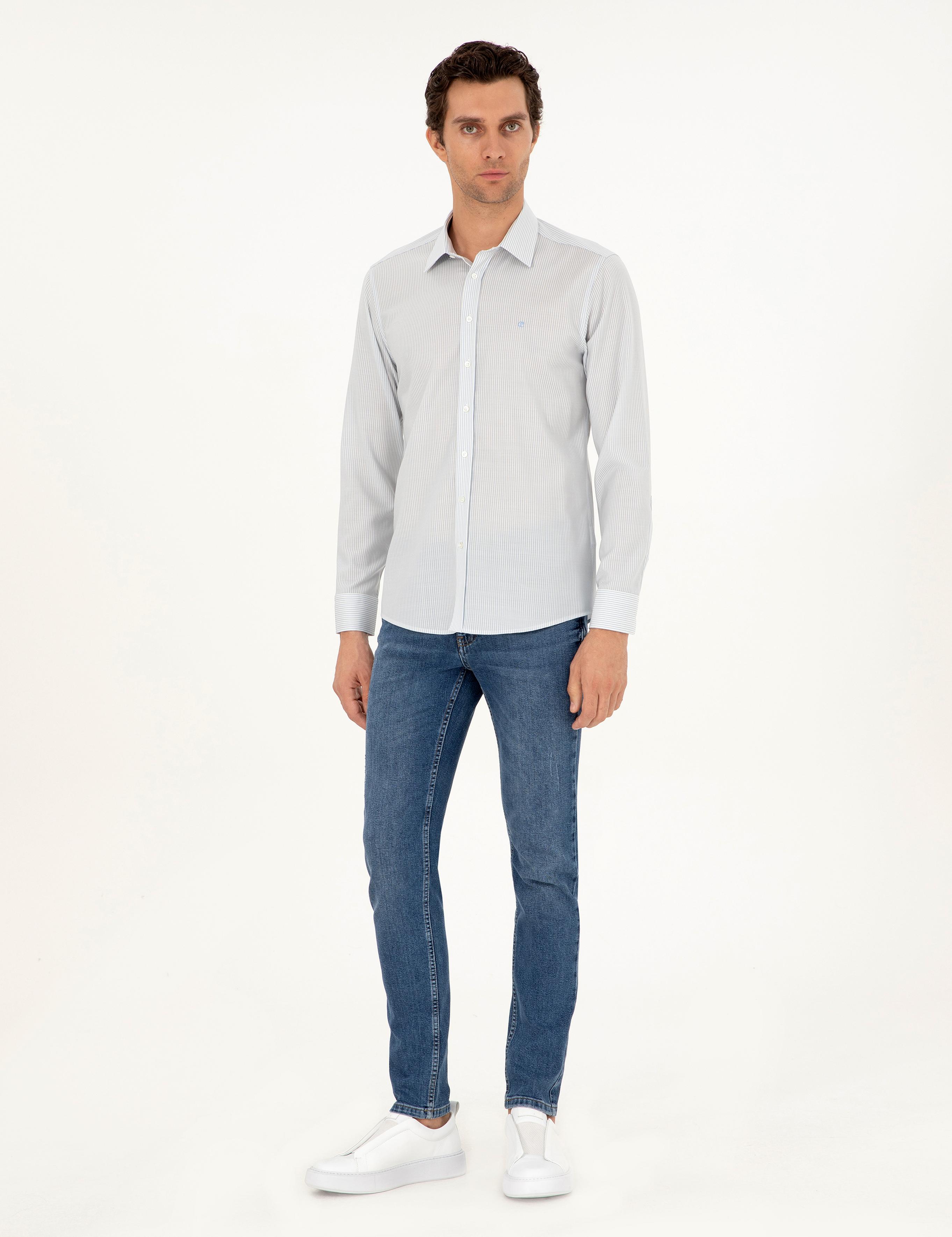 Mavi Slim Fit Çizgili Yün Gömlek - 50291363007