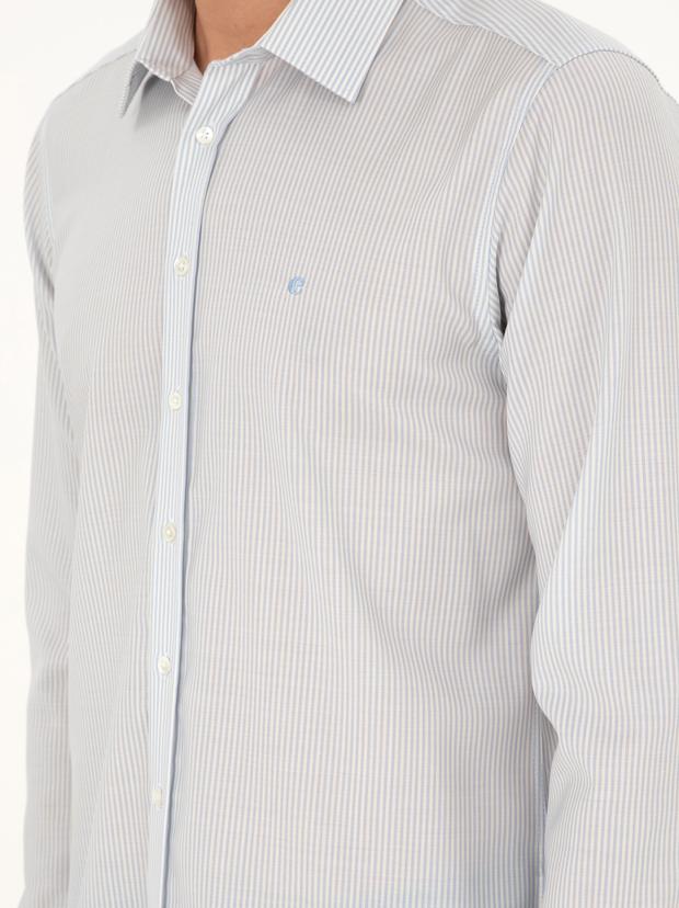 Mavi Slim Fit Çizgili Yün Gömlek