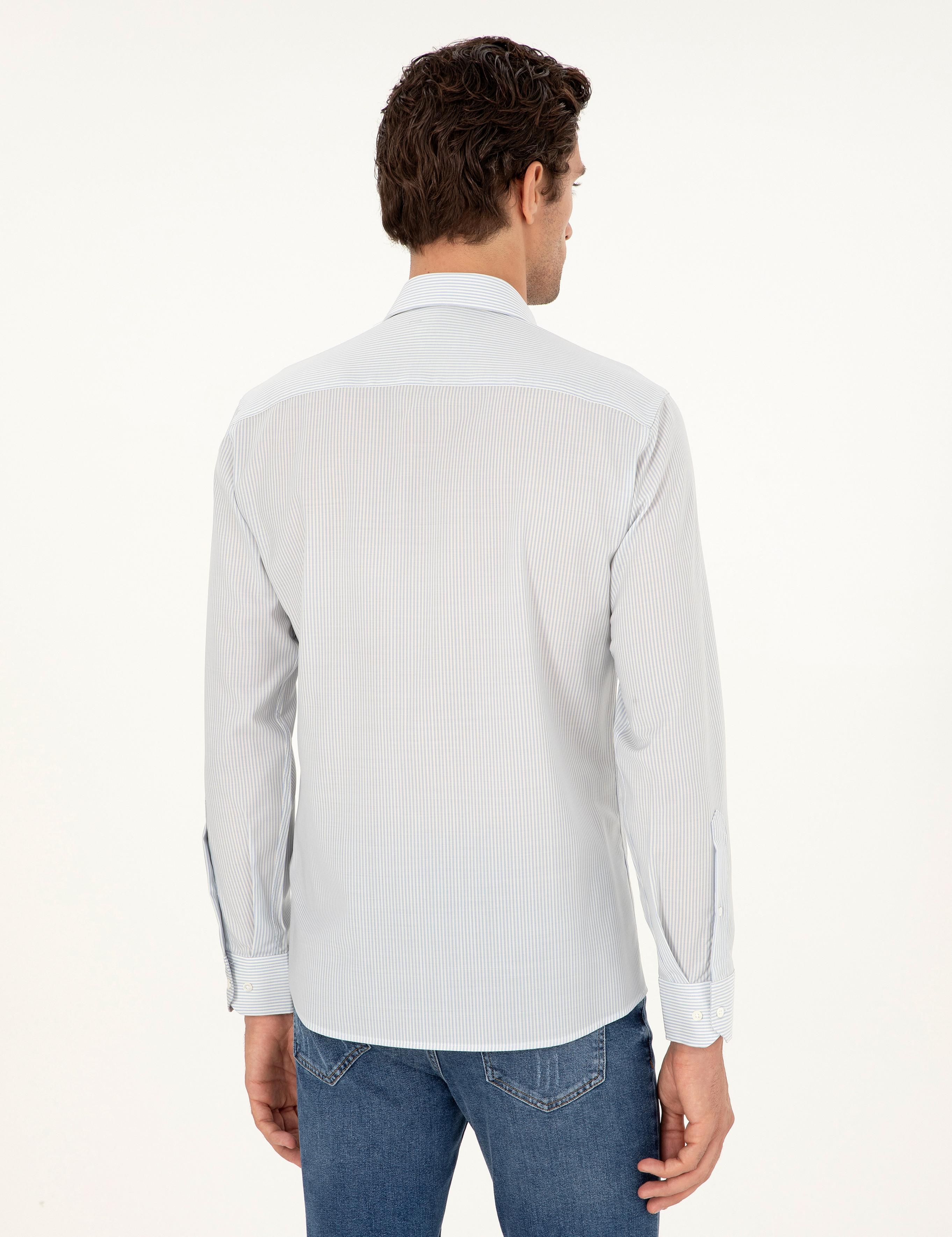 Mavi Slim Fit Çizgili Yün Gömlek - 50291363007