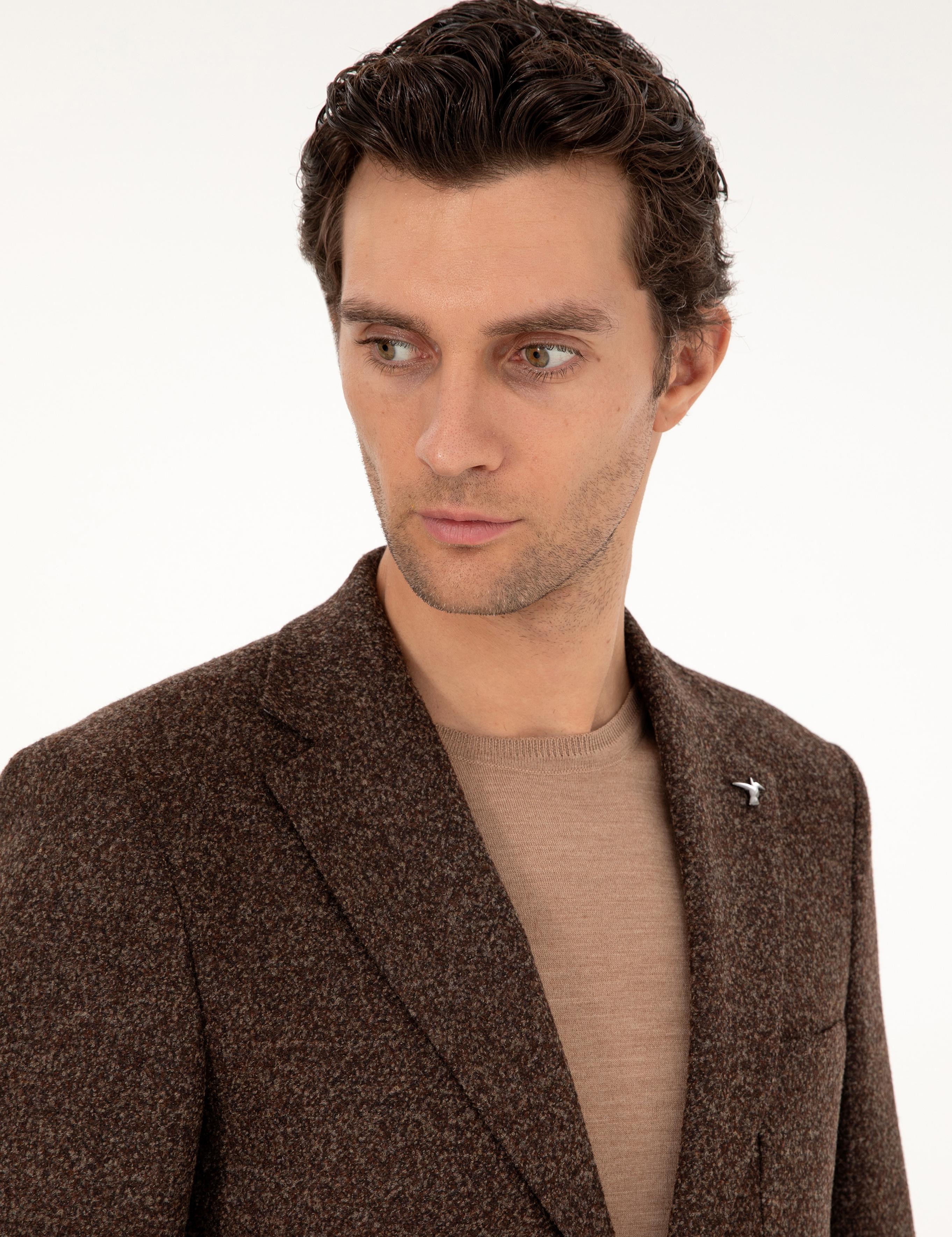 Kahverengi Slim Fit Yün Karışımlı Flanel Ceket - 50291056044