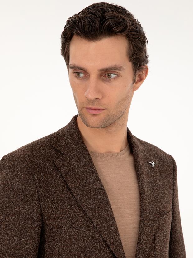 Kahverengi Slim Fit Yün Karışımlı Flanel Ceket