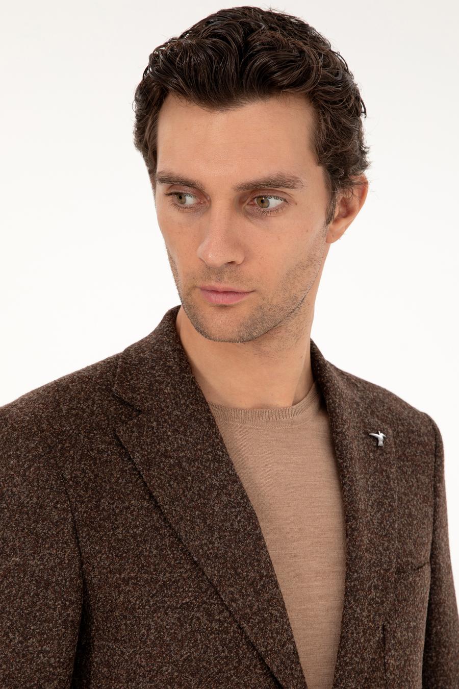 Kahverengi Slim Fit Yün Karışımlı Flanel Ceket - 50291056044