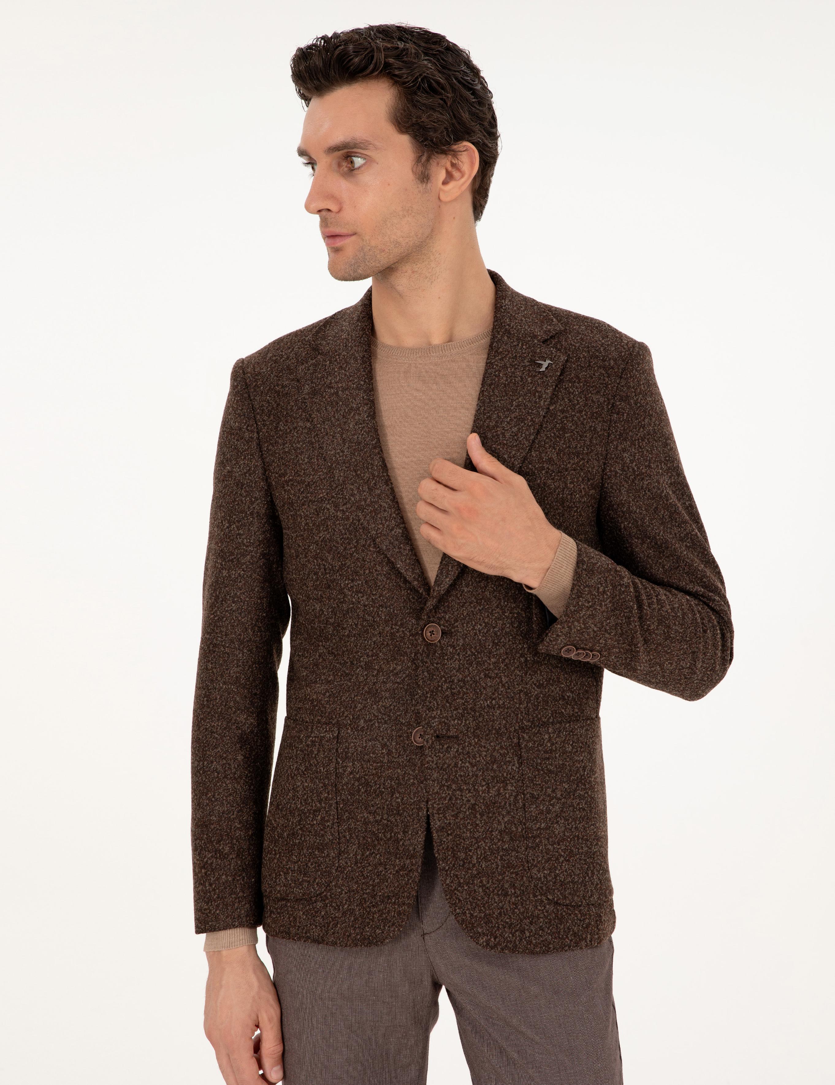 Kahverengi Slim Fit Yün Karışımlı Flanel Ceket - 50291056044