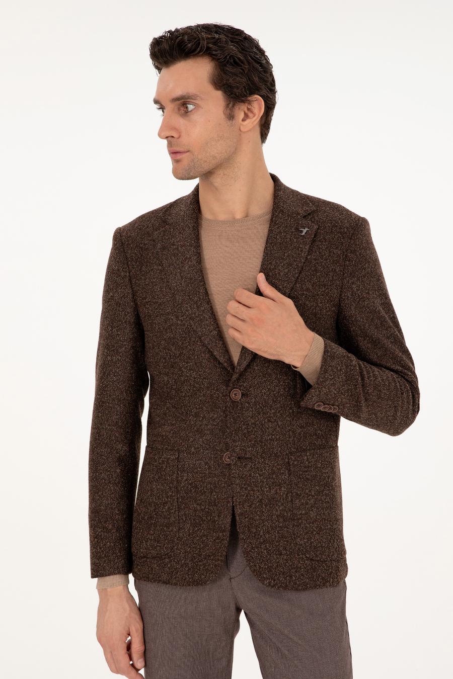 Kahverengi Slim Fit Yün Karışımlı Flanel Ceket - 50291056044