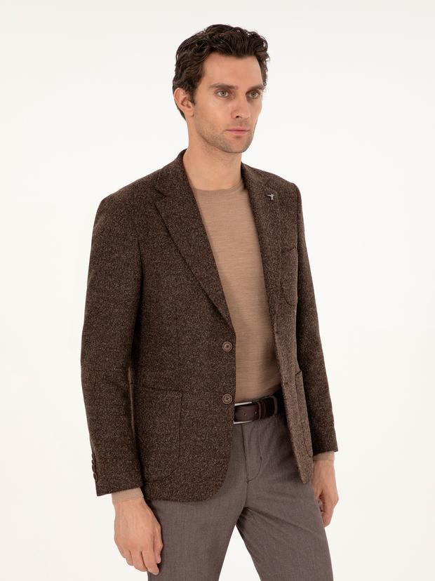 Kahverengi Slim Fit Yün Karışımlı Flanel Ceket