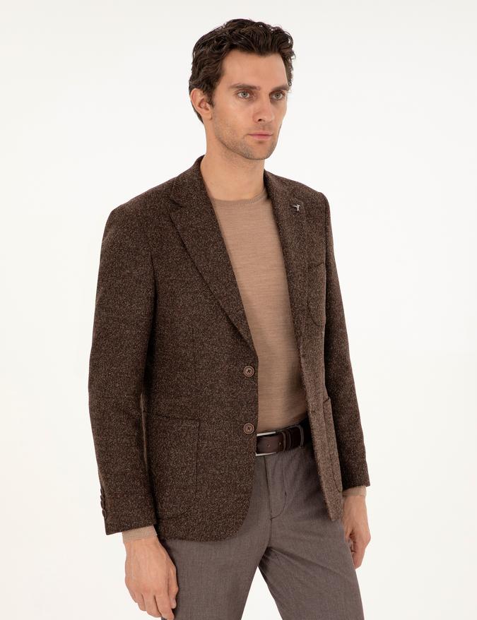 Kahverengi Slim Fit Yün Karışımlı Flanel Ceket