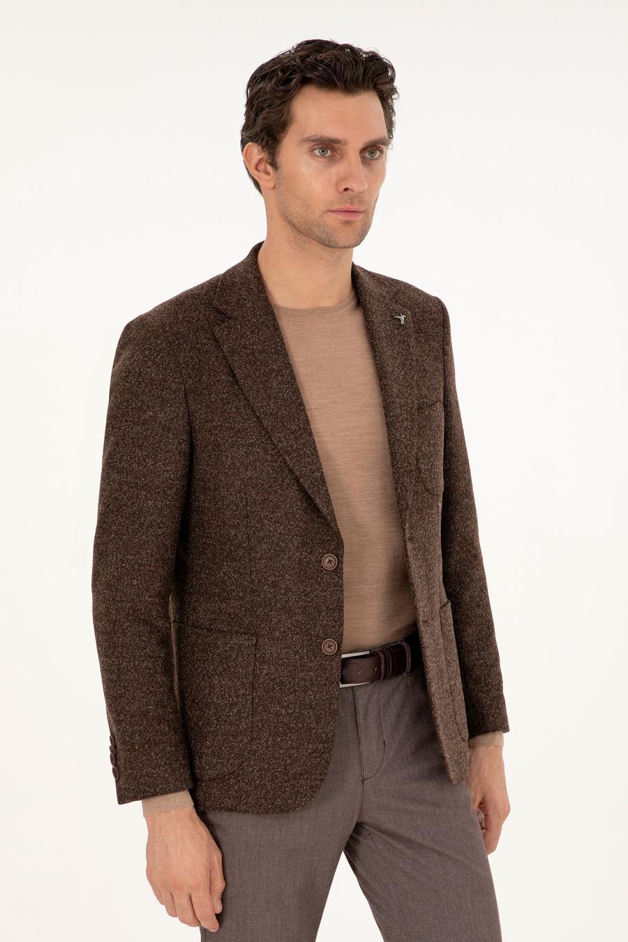 Kahverengi Slim Fit Yün Karışımlı Flanel Ceket - 50291056044