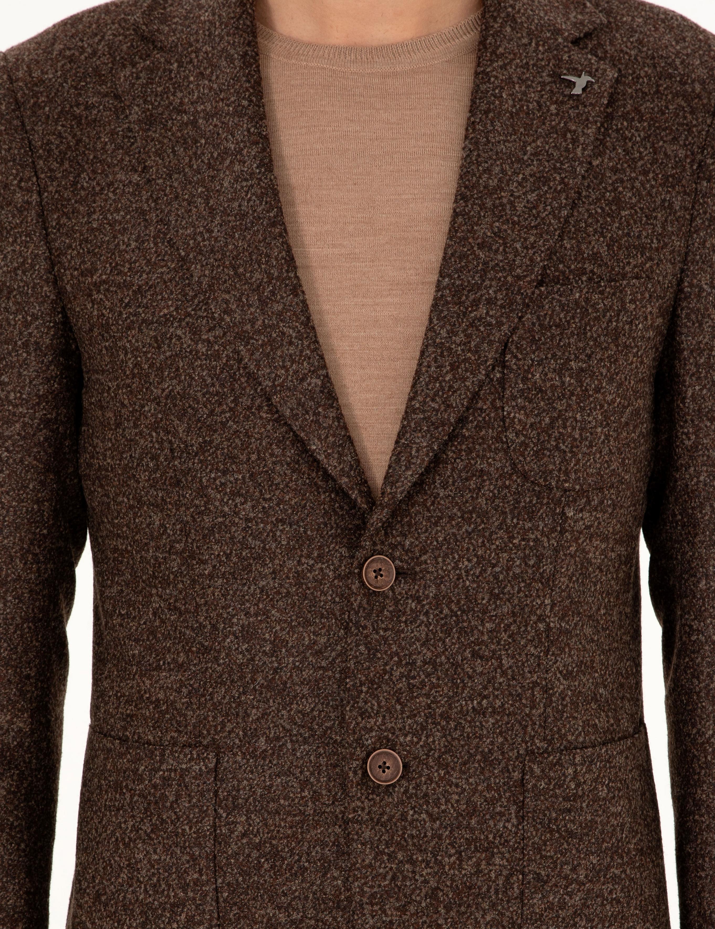 Kahverengi Slim Fit Yün Karışımlı Flanel Ceket - 50291056044