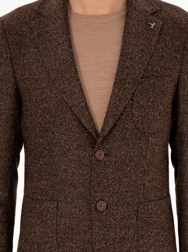 Kahverengi Slim Fit Yün Karışımlı Flanel Ceket