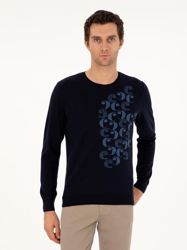 Lacivert Slim Fit Bisiklet Yaka Yün Triko Kazak
