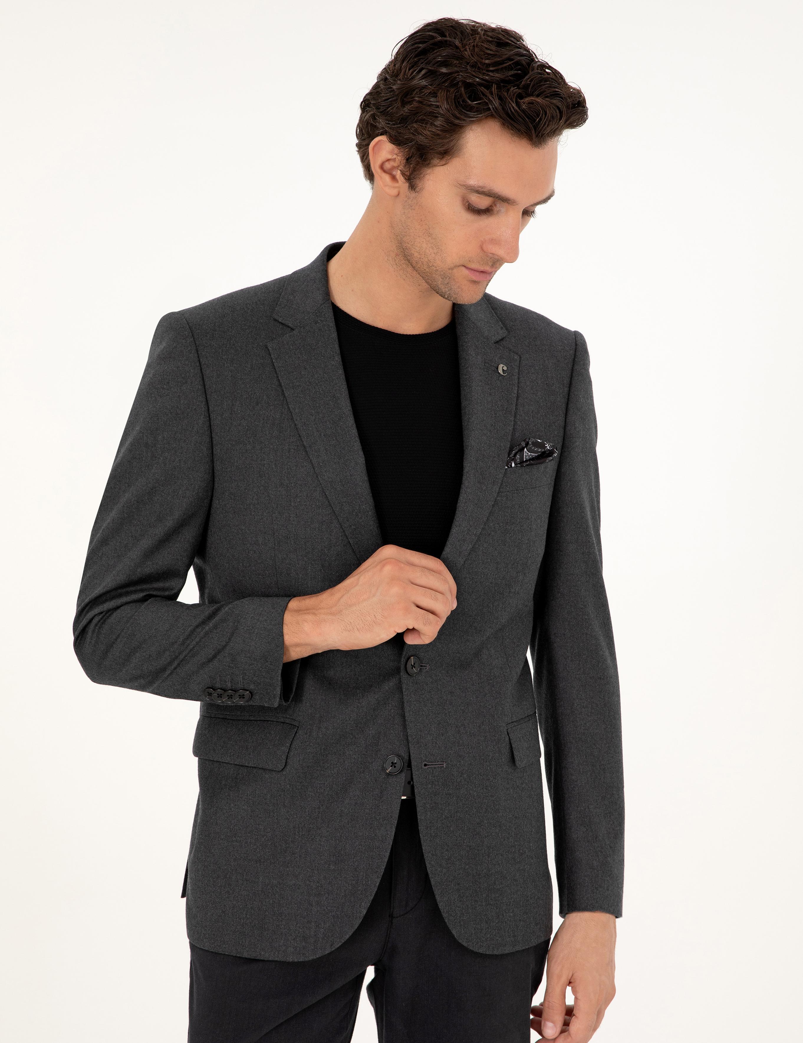 Antrasit Slim Fit Yün Karışımlı Ceket - 50292488014