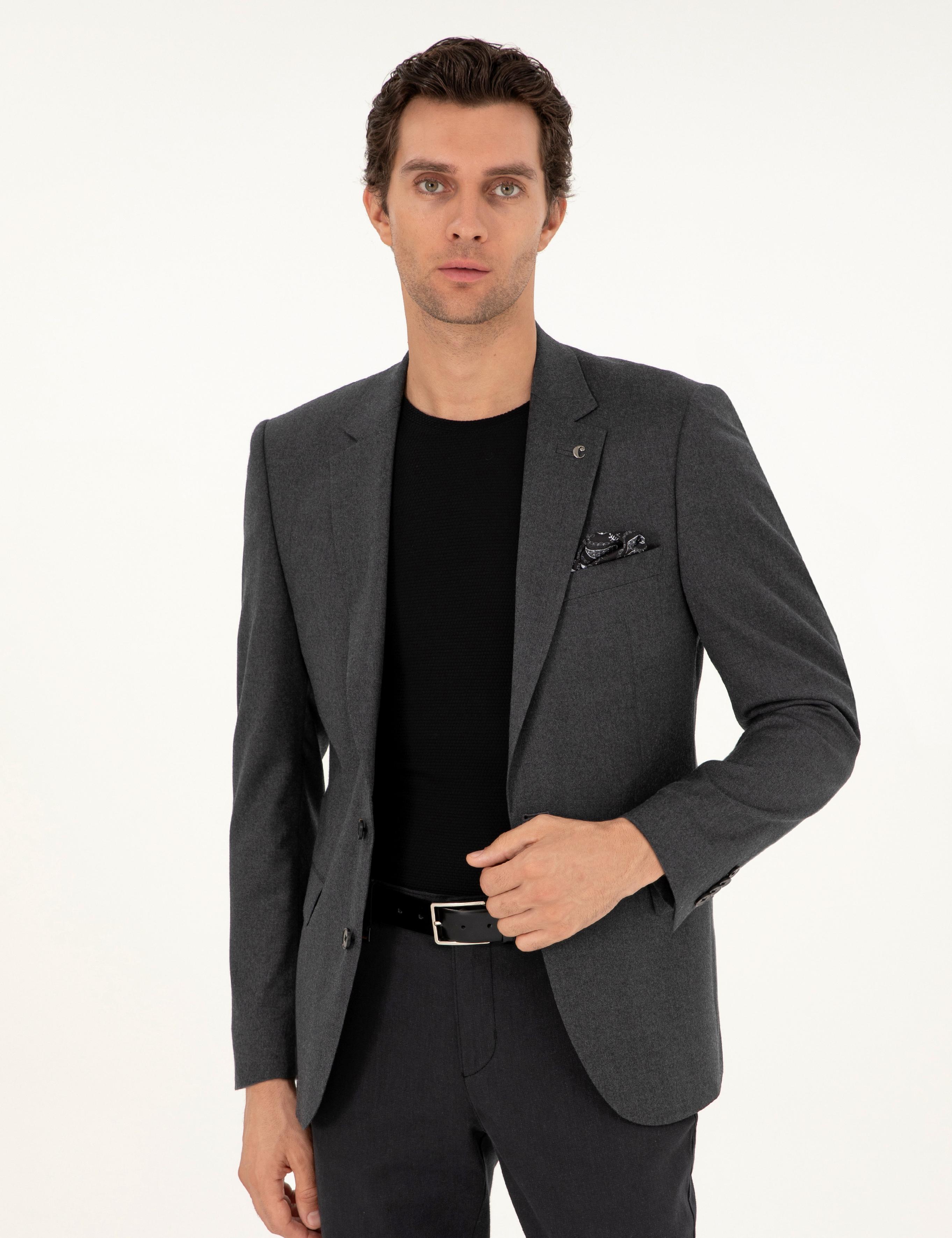 Antrasit Slim Fit Yün Karışımlı Ceket - 50292488014