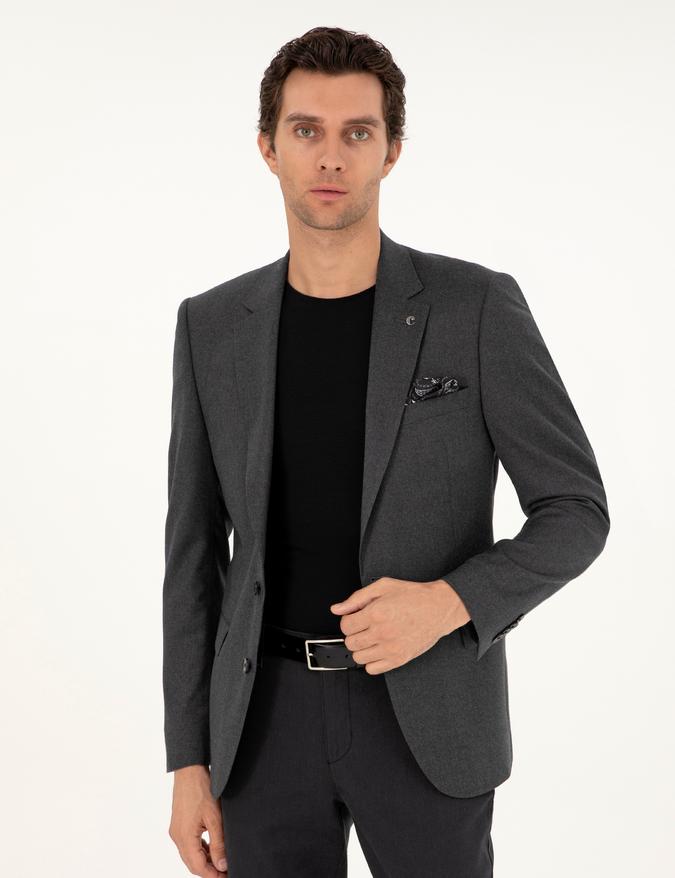 Antrasit Slim Fit Yün Karışımlı Ceket