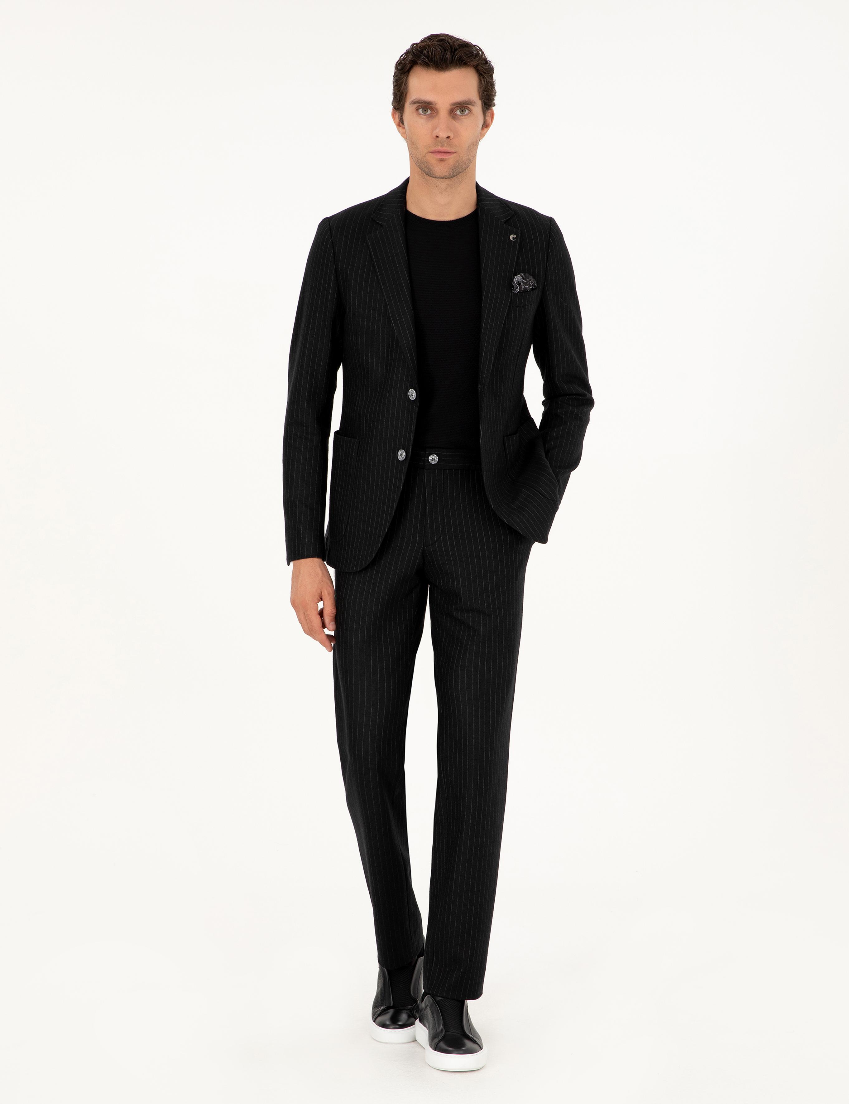 Siyah Slim Fit Kaşmir Karışımlı Takım Elbise - 50296763011