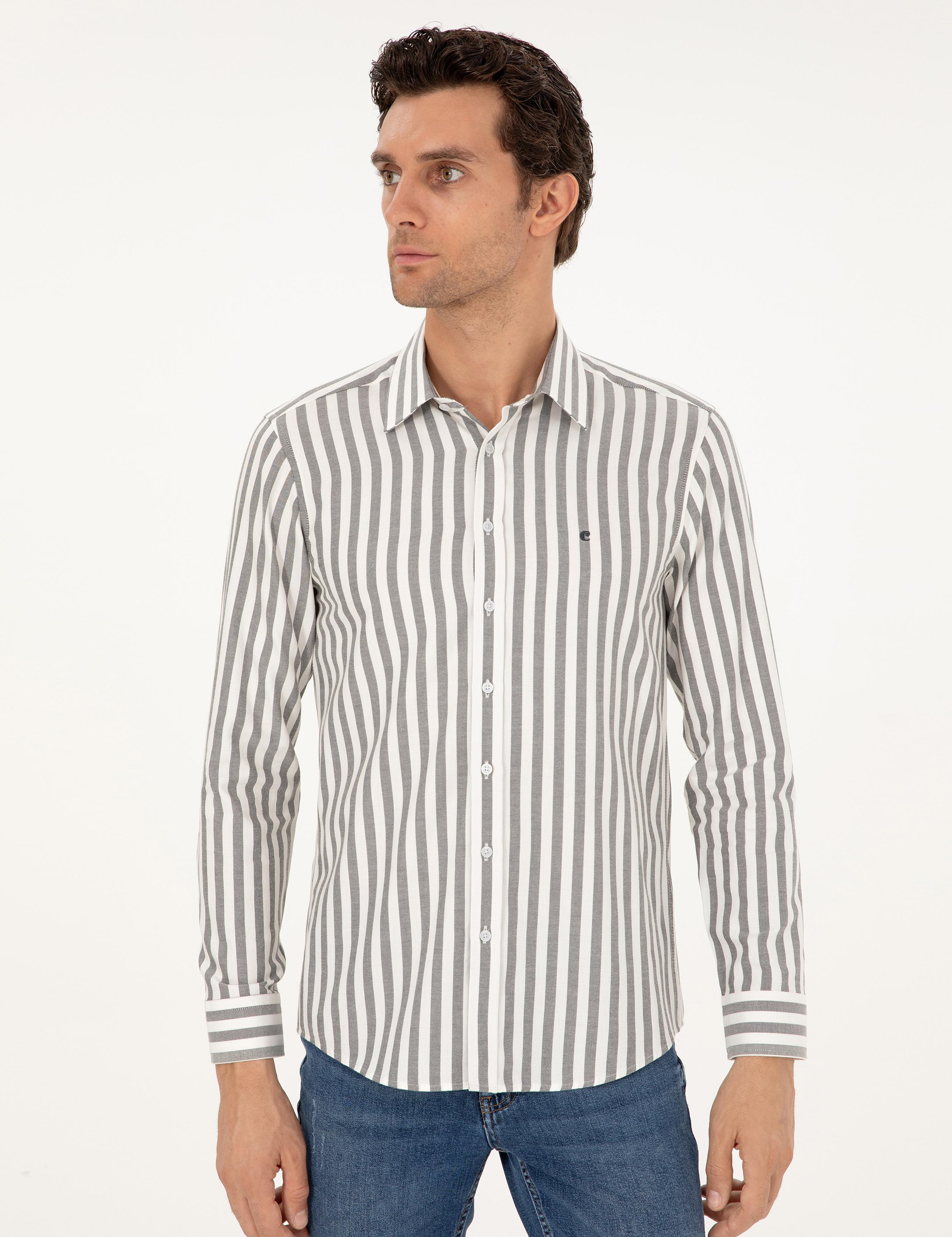 Gri Slim Fit Çizgili Pamuk Gömlek - 50291351059