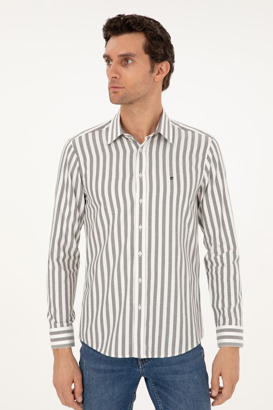 Gri Slim Fit Çizgili Pamuk Gömlek - 50291351059