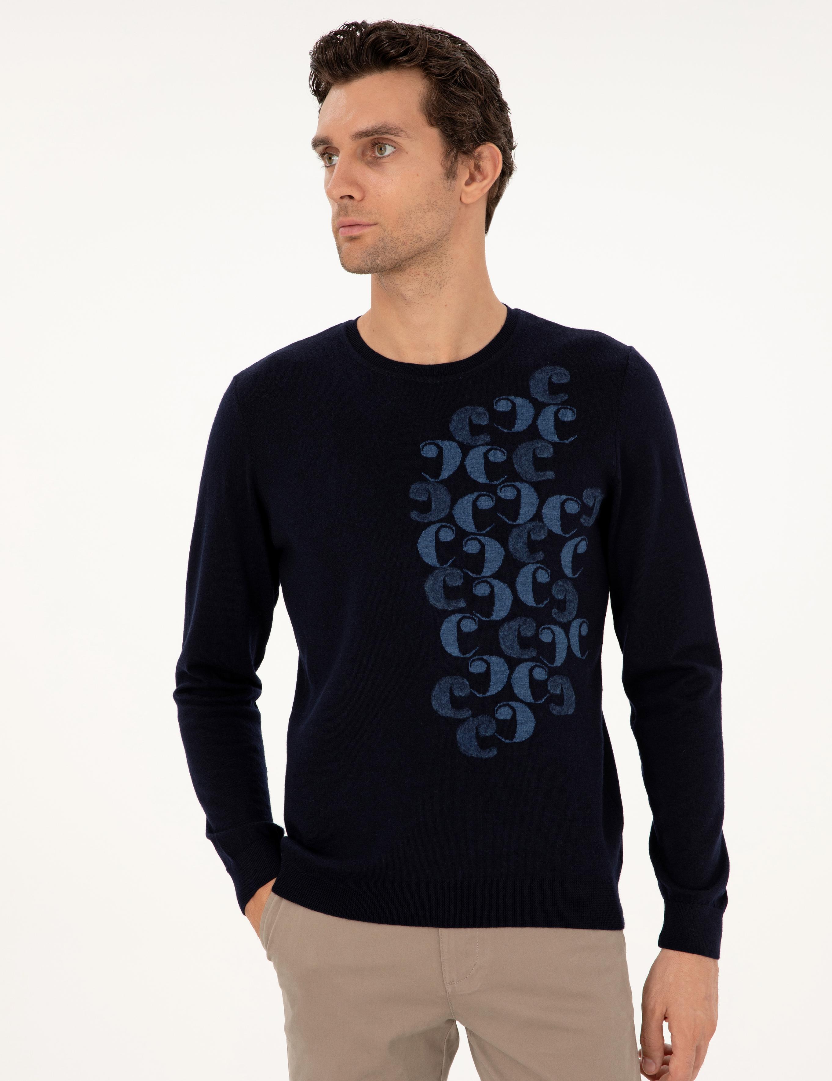 Lacivert Slim Fit Bisiklet Yaka Yün Triko Kazak - 50291586061