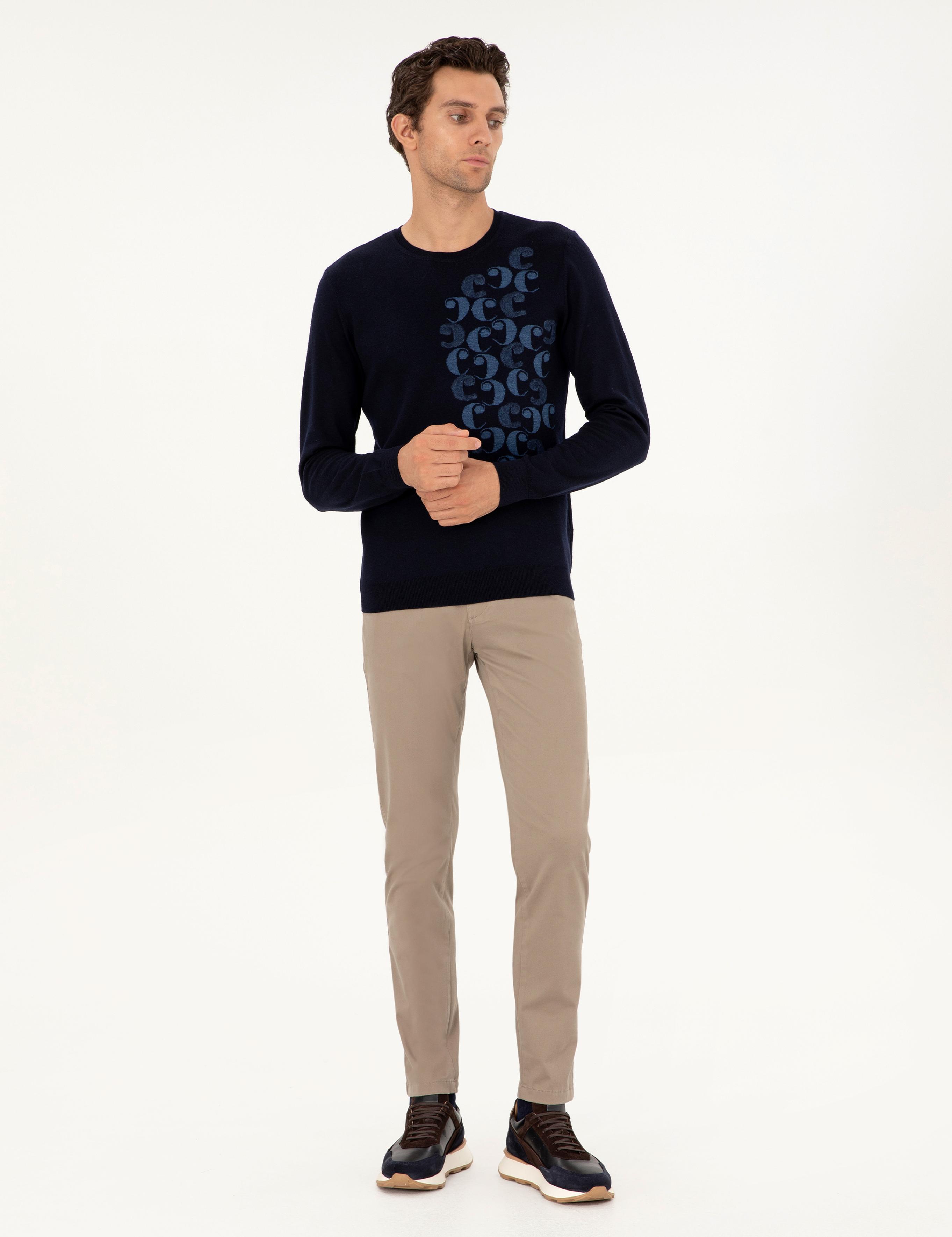 Lacivert Slim Fit Bisiklet Yaka Yün Triko Kazak - 50291586061
