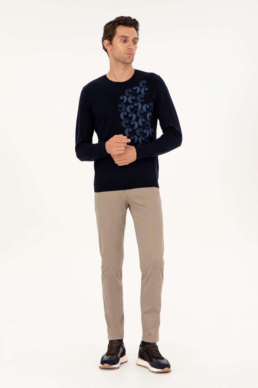 Lacivert Slim Fit Bisiklet Yaka Yün Triko Kazak - 50291586061