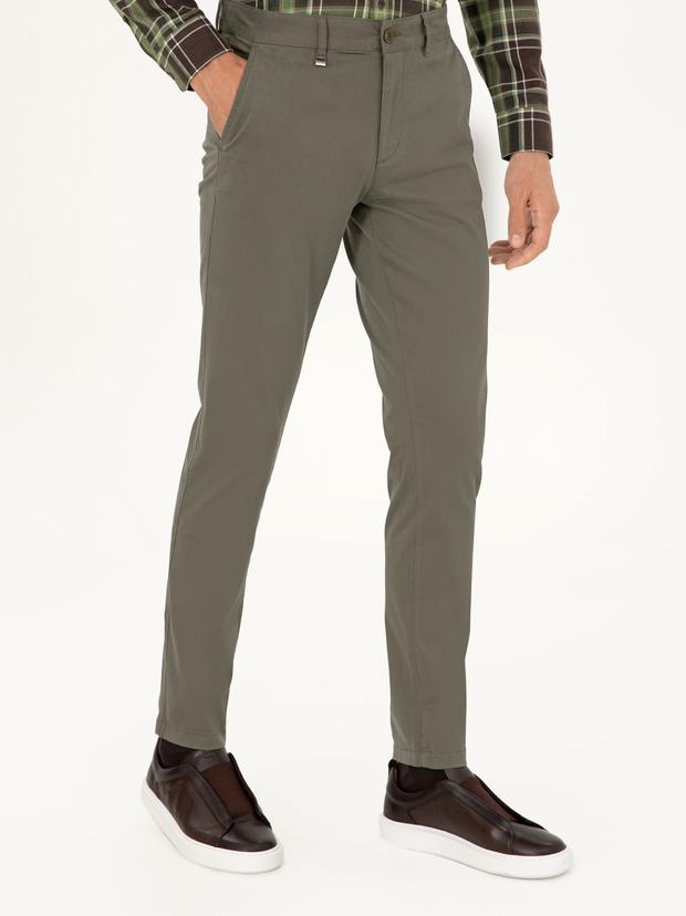 Haki Slim Fit Pamuk Karışımlı Kanvas Pantolon