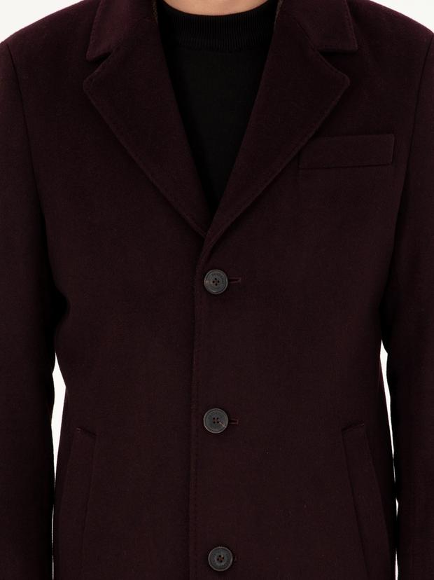 Bordo Slim Fit Yün Karışımlı Kaşe Kaban
