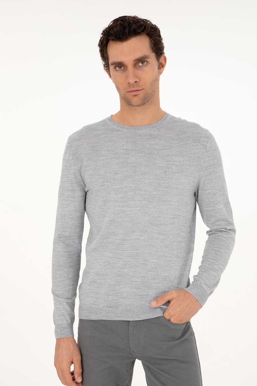 Açık Gri Slim Fit Bisiklet Yaka Yün Karışımlı Basic Triko Kazak - 50293301005