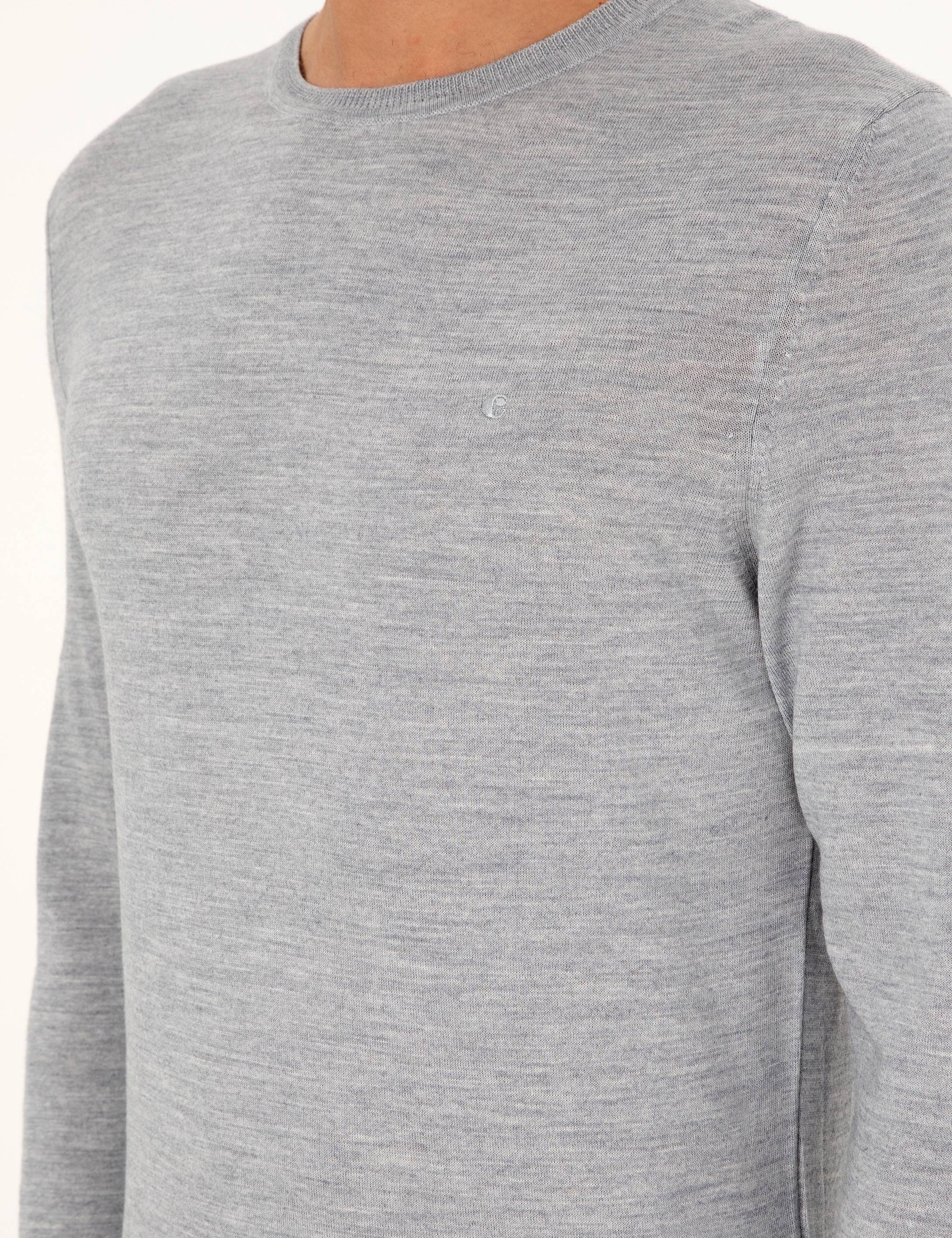 Açık Gri Slim Fit Bisiklet Yaka Yün Karışımlı Basic Triko Kazak - 50293301005