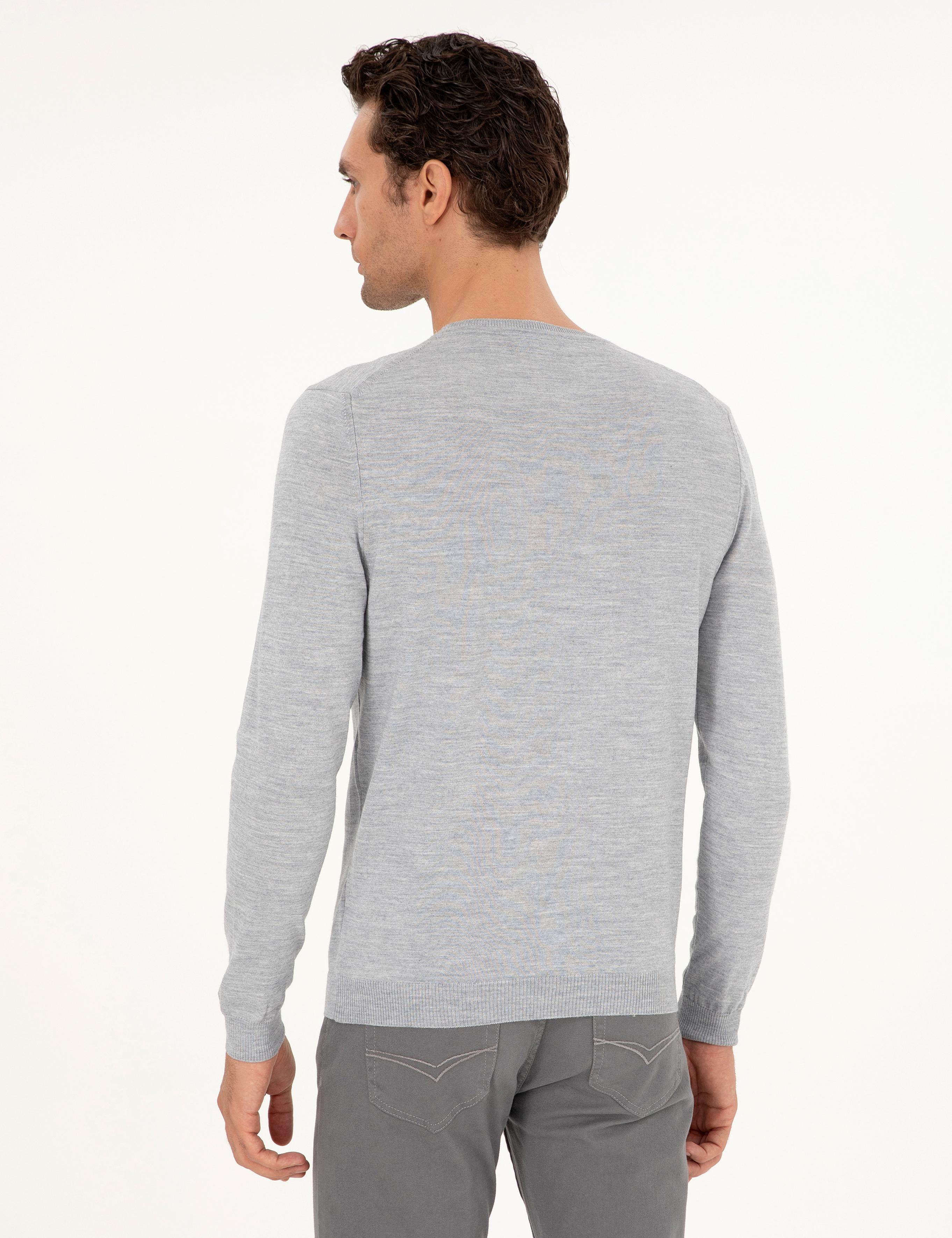 Açık Gri Slim Fit Bisiklet Yaka Yün Karışımlı Basic Triko Kazak - 50293301005