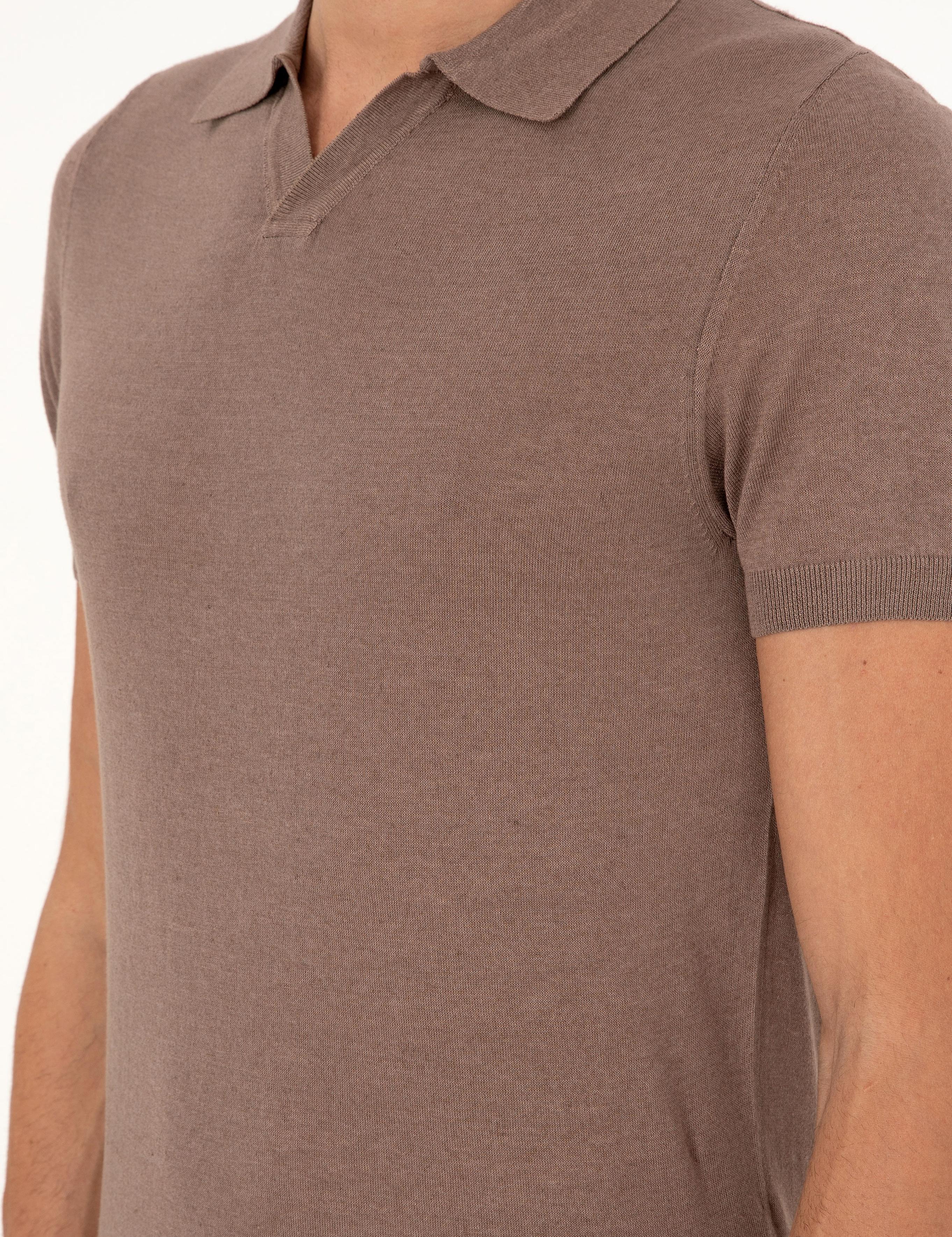 Vizon Slim Fit Keten Karışımlı Apaş Yaka Triko T-shirt - 50303284009