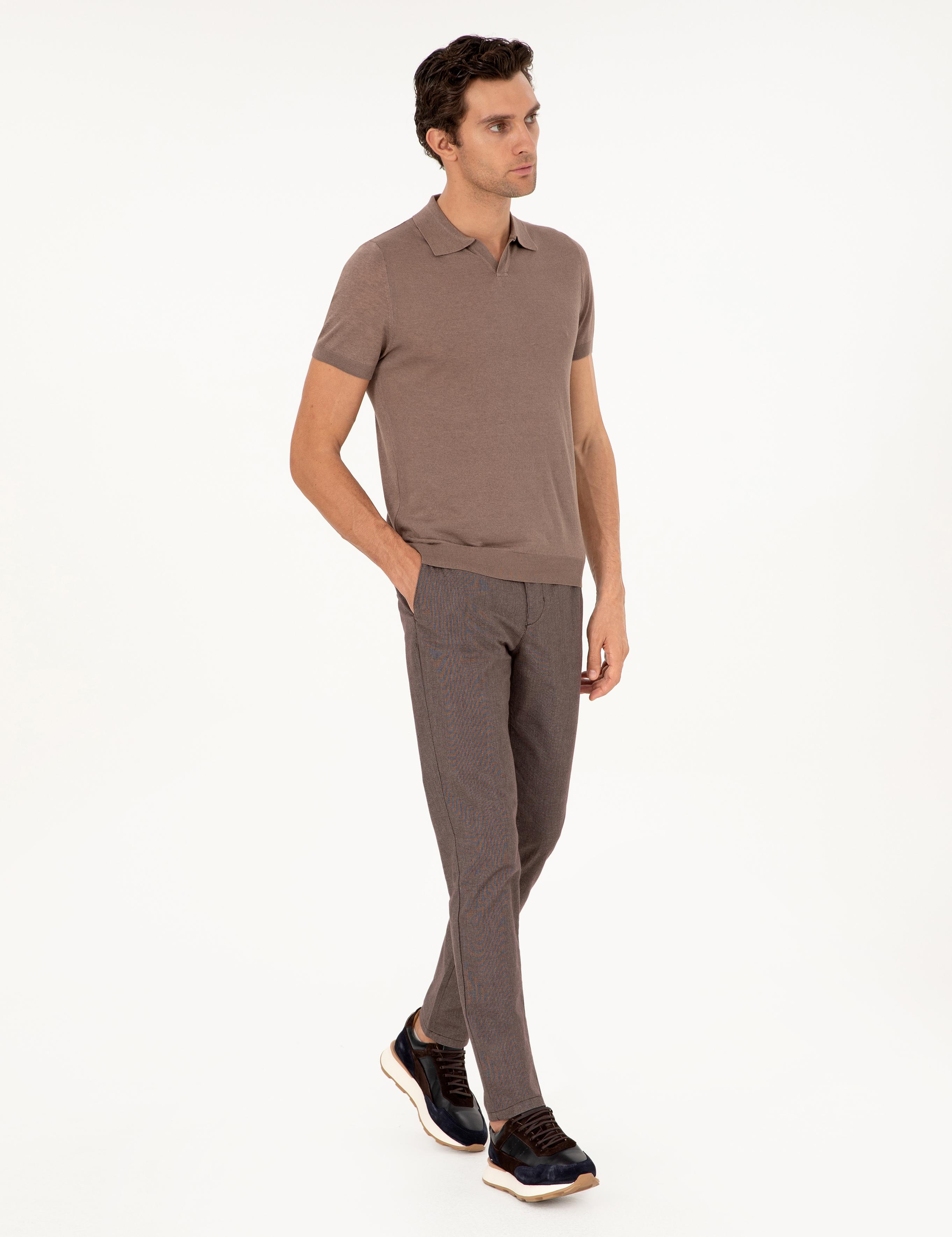 Vizon Slim Fit Keten Karışımlı Apaş Yaka Triko T-shirt - 50303284009