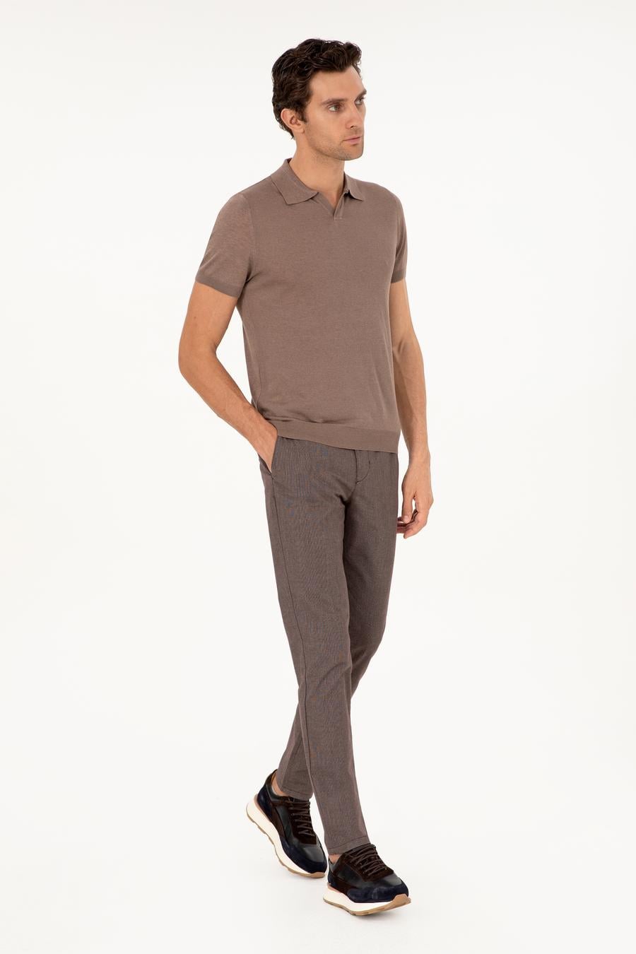 Vizon Slim Fit Keten Karışımlı Apaş Yaka Triko T-shirt - 50303284009