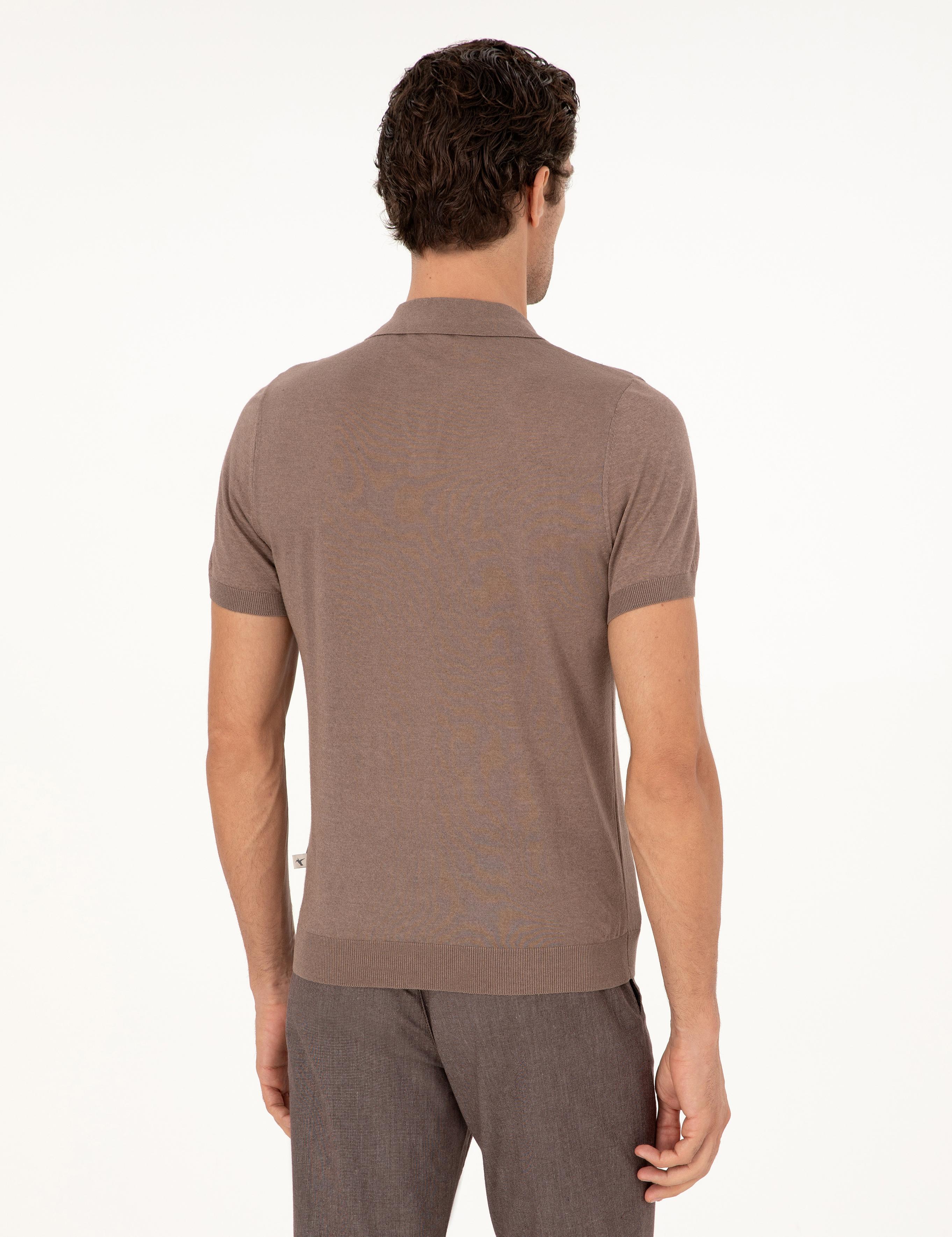 Vizon Slim Fit Keten Karışımlı Apaş Yaka Triko T-shirt - 50303284009